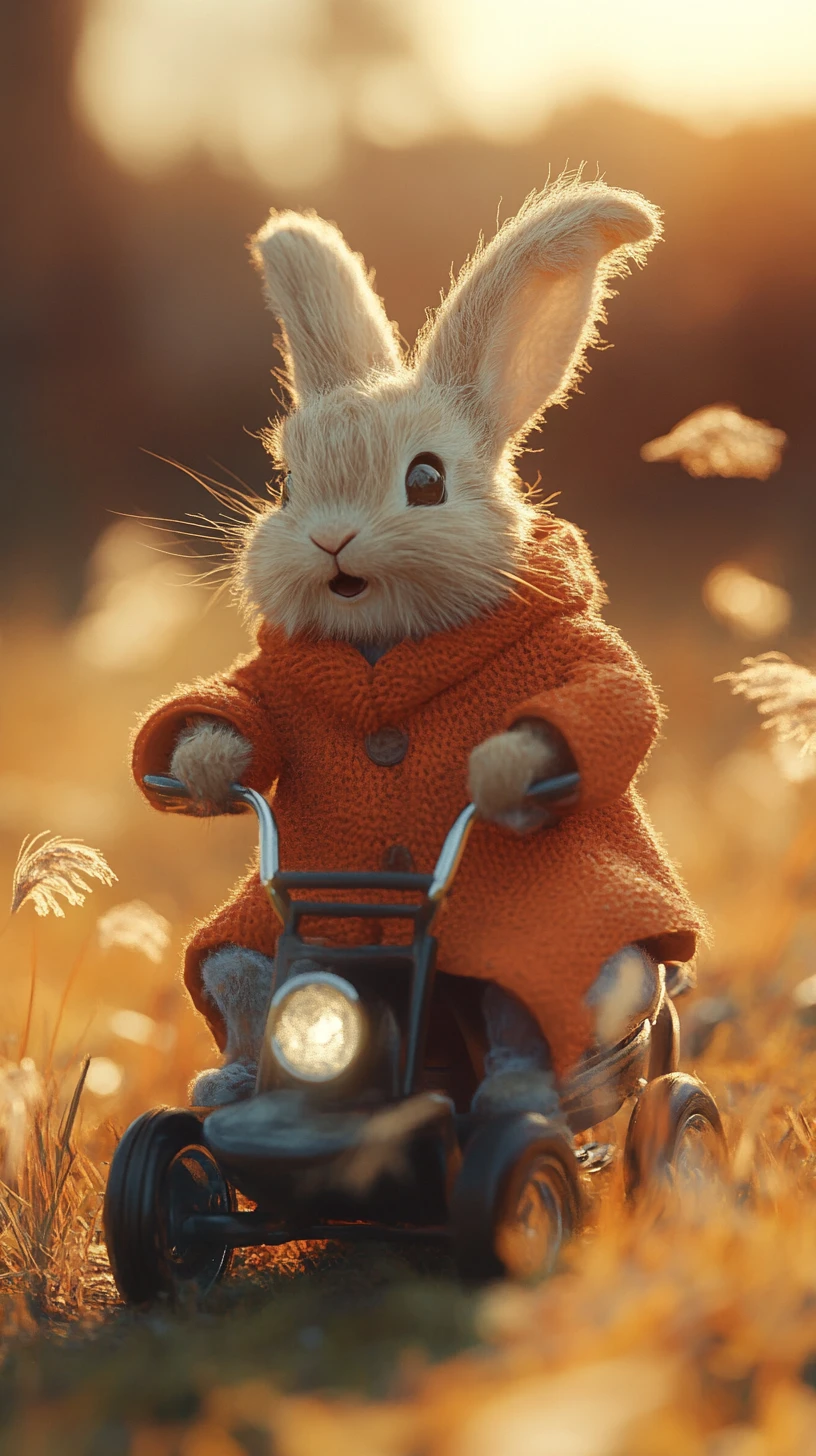 Joyful rabbit racing downhill on a toy car at sunset