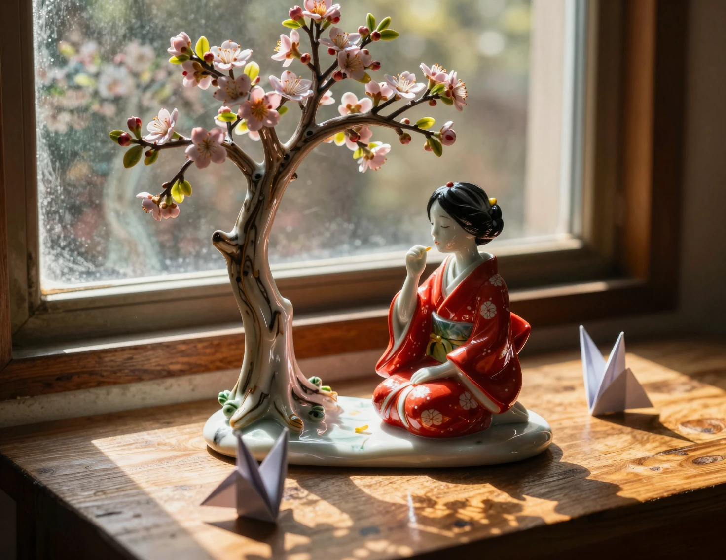 Escena primaveral en miniatura con mujer y niña en kimono rojo