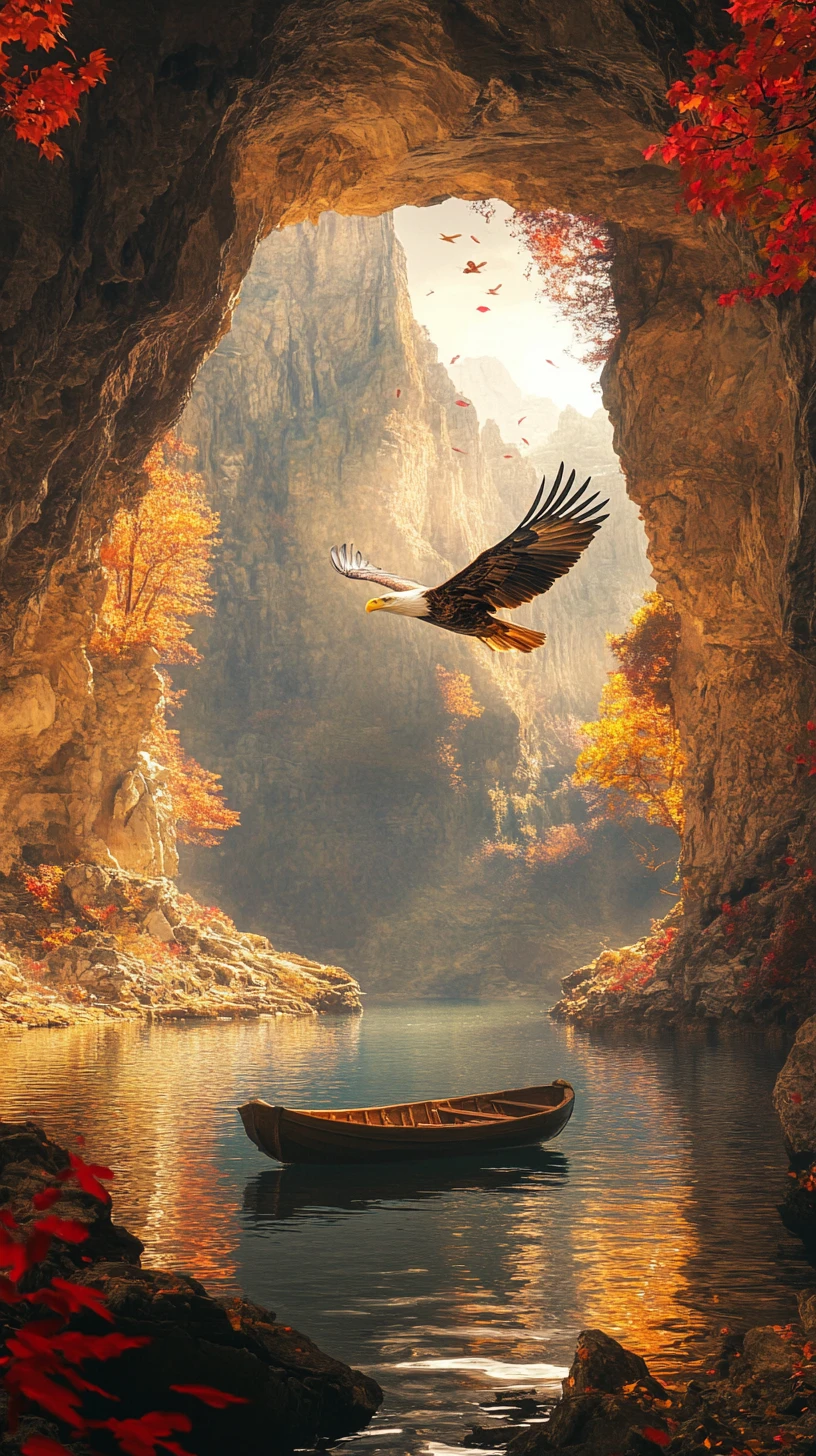 Eagle Soaring Above A Sunlit Cave And Mountain Lake