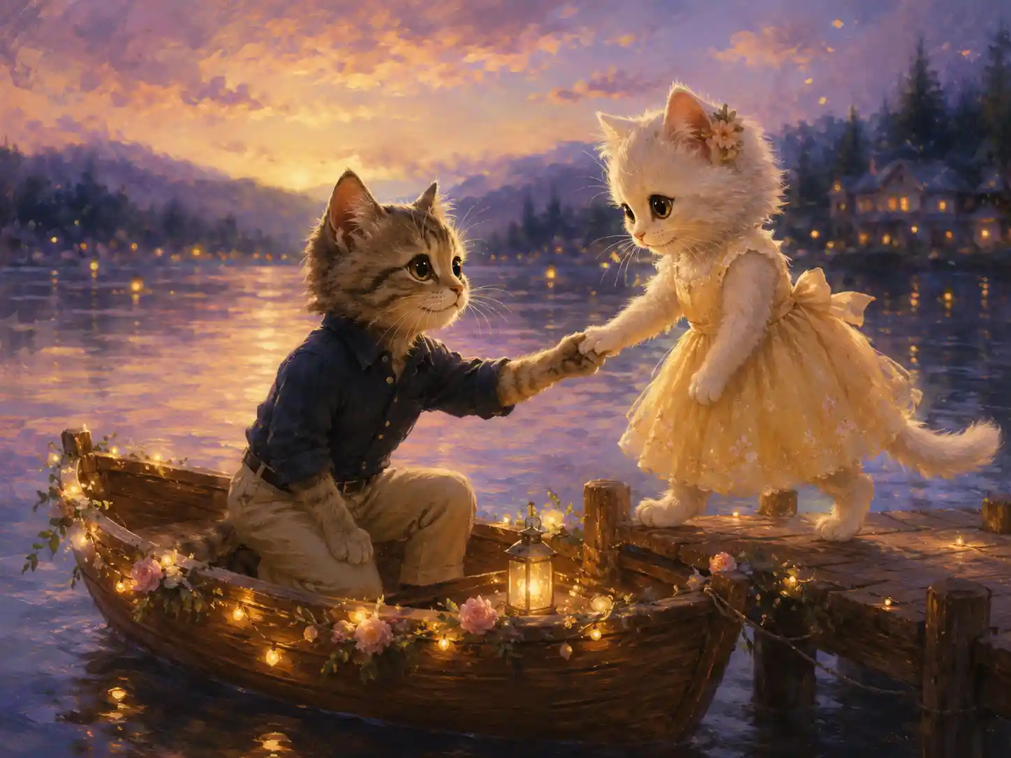 Romantic kittens holding paws in a twilight lake boat