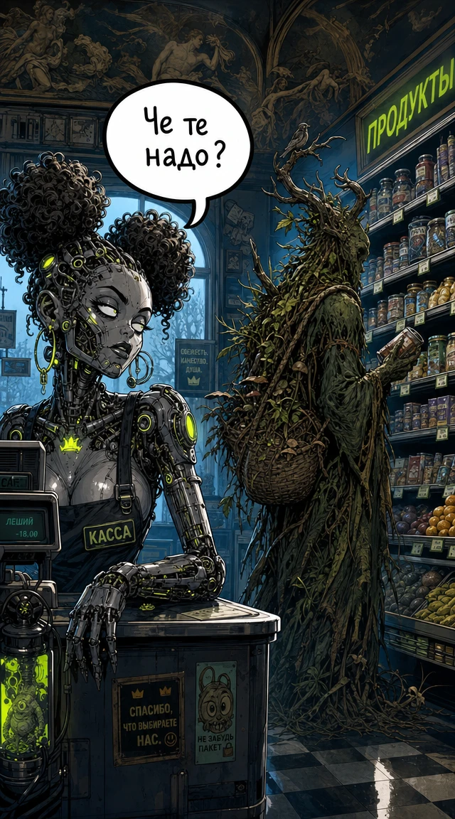 Biopunk robot woman in a surreal comic store scene