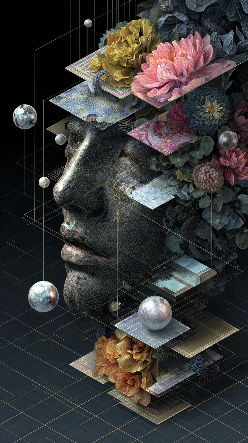 Rostro humano surreal plegándose a través de capas multidimensionales