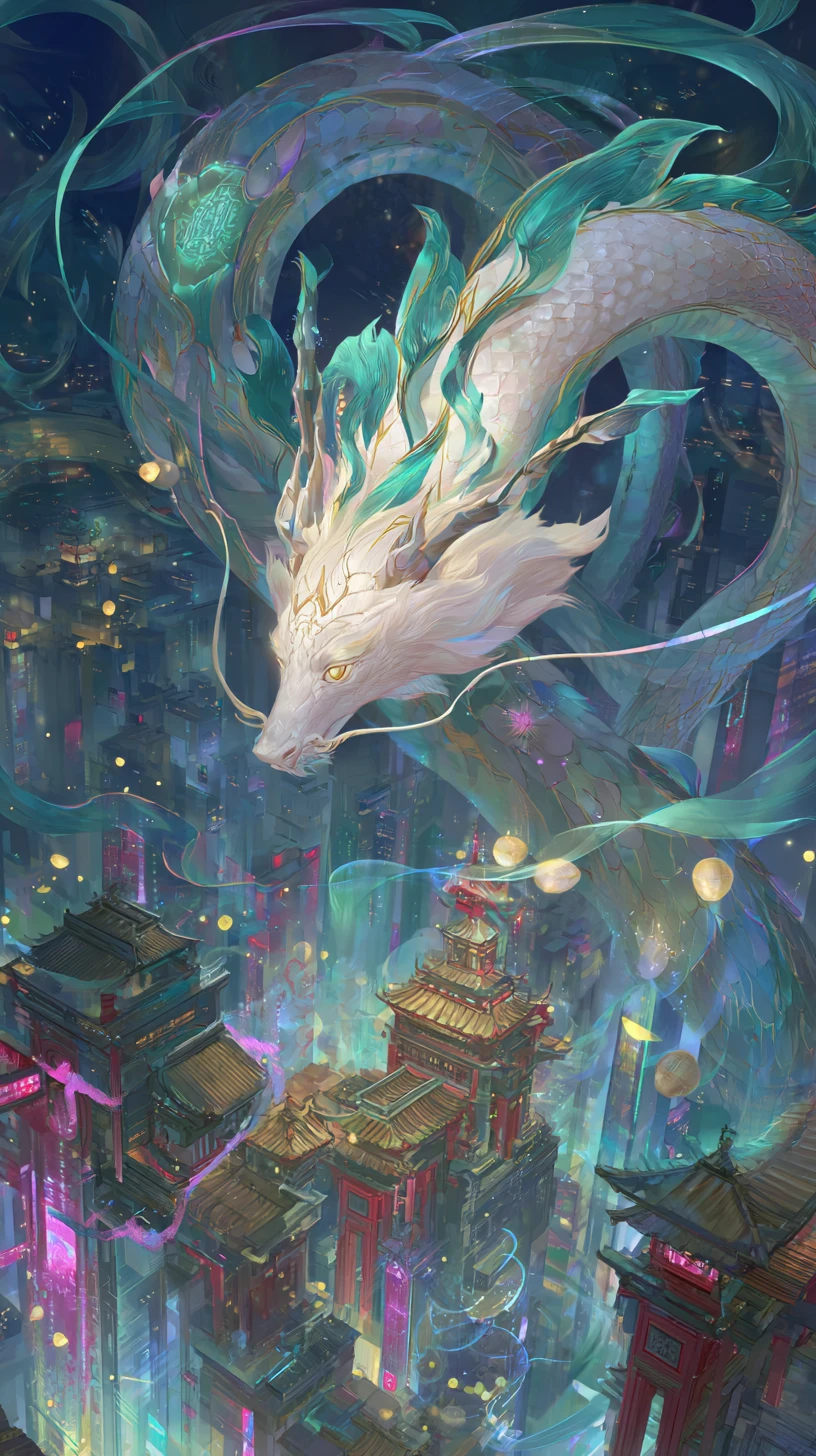 Dragón oriental sobre ciudad cyberpunk neón al atardecer