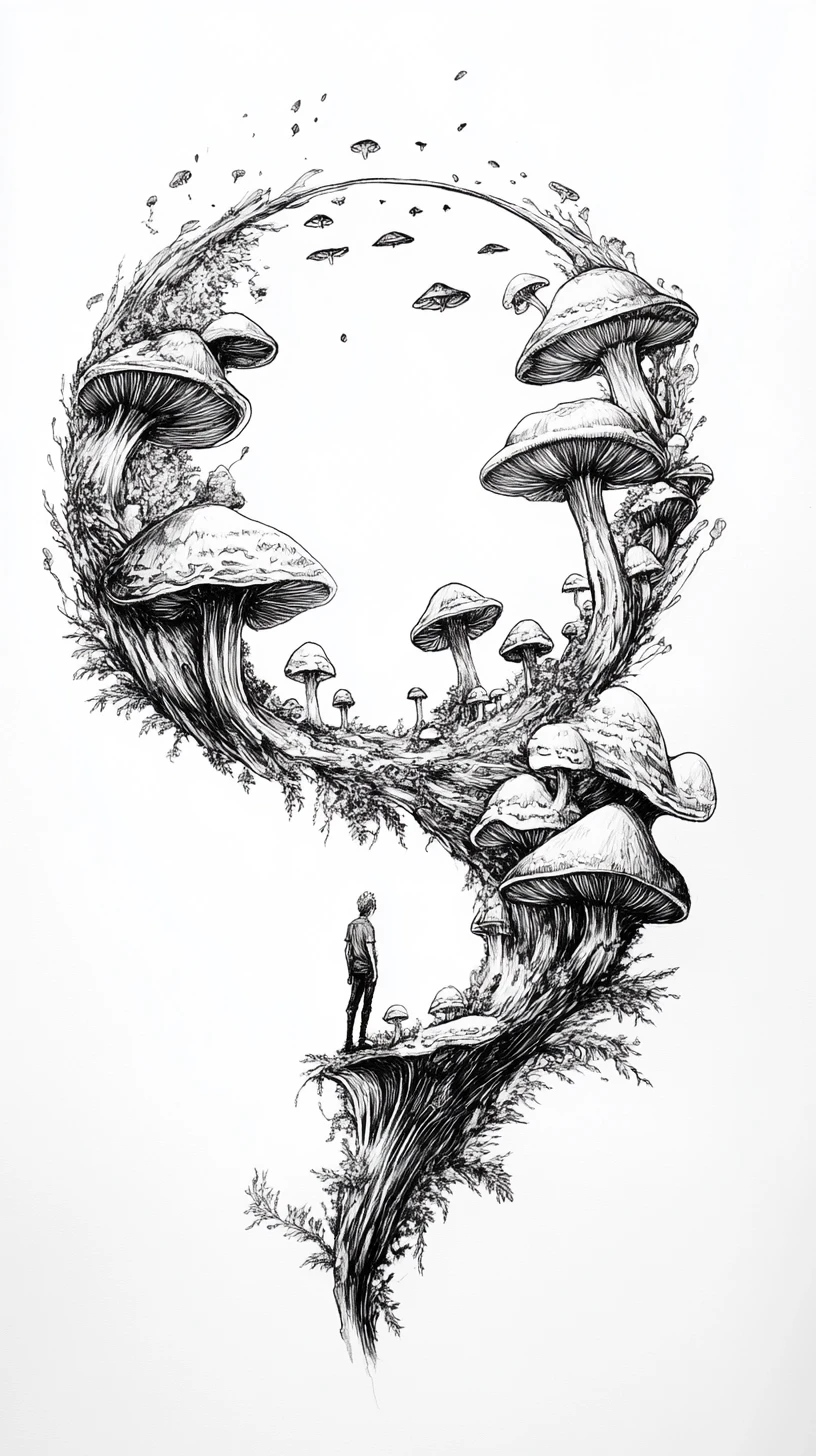 Surreal Ring Of Tilted Mushrooms With Tiny Sideways Figure