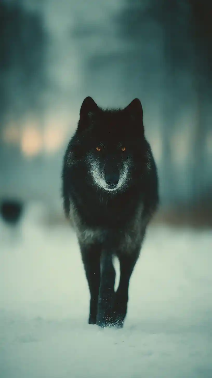 Schwarzer Wolf, der durch unberührten Winterschnee auf den Betrachter zugeht