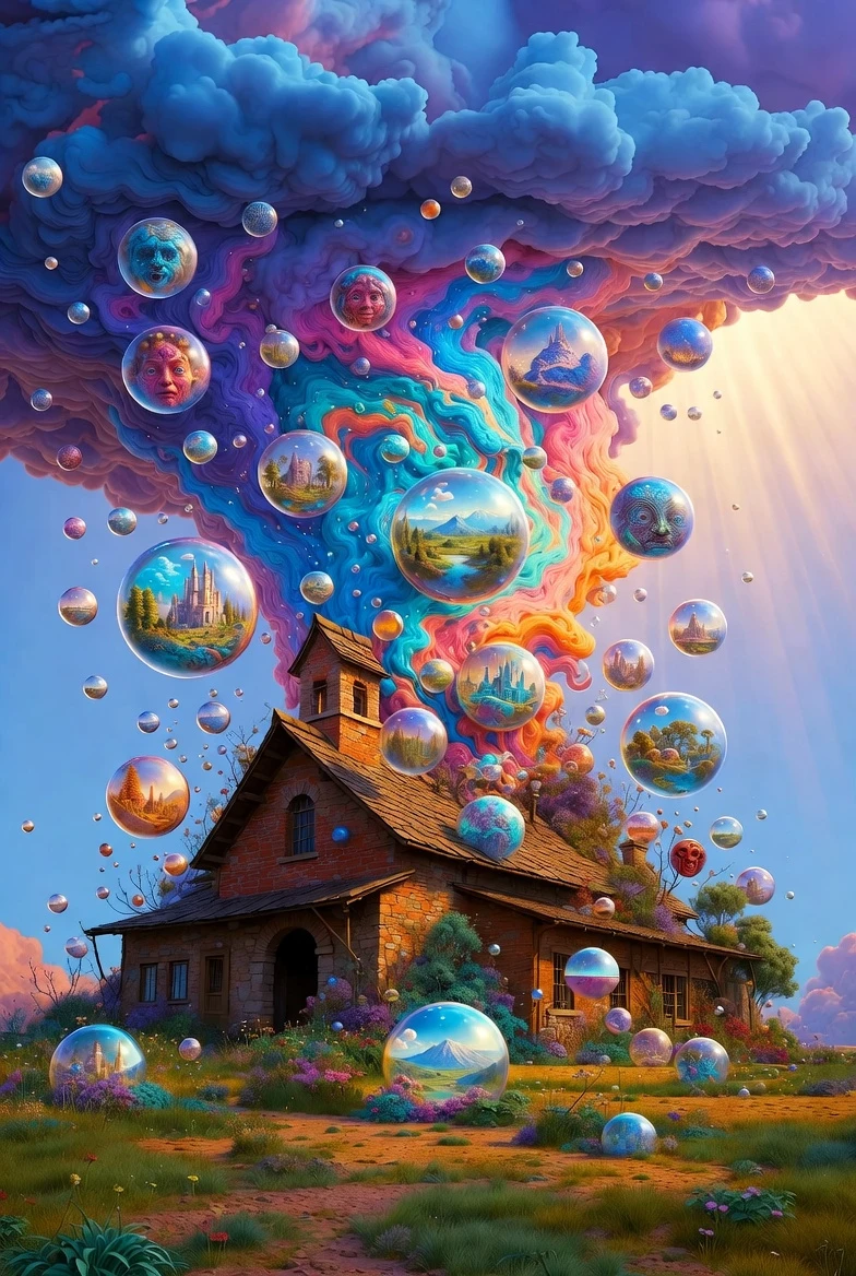 Cervecería surrealista con fuentes mágicas en colores inspirados en la alta costura