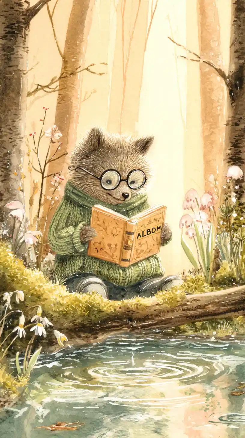 Wolf pup reading a book in a sunny forest clearing