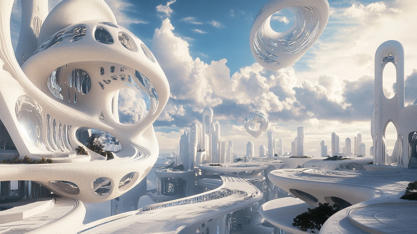 Arquitectura surreal flotante en un paisaje de gravedad distorsionada