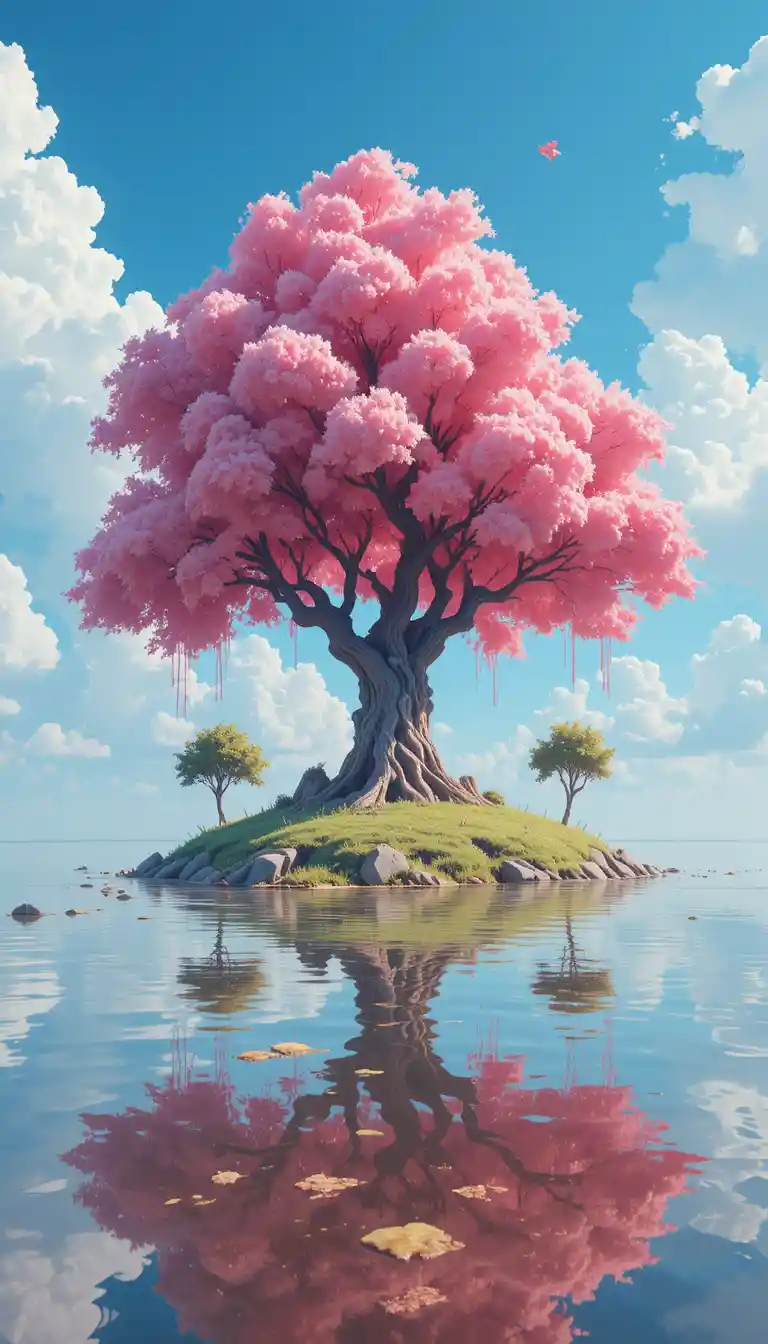 Peaceful pink tree on an island with water reflection