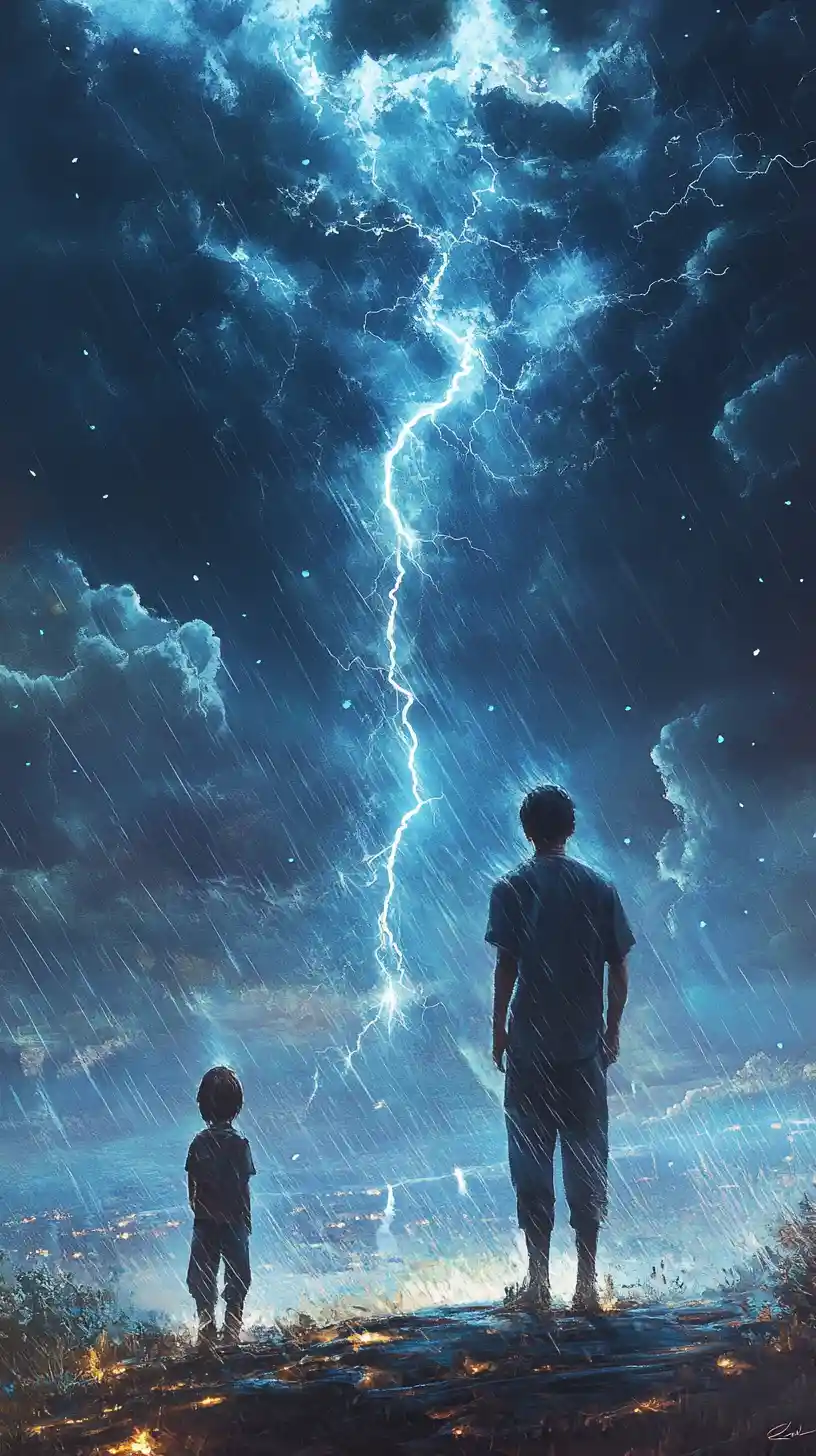 Young boy standing in a stormy night city street