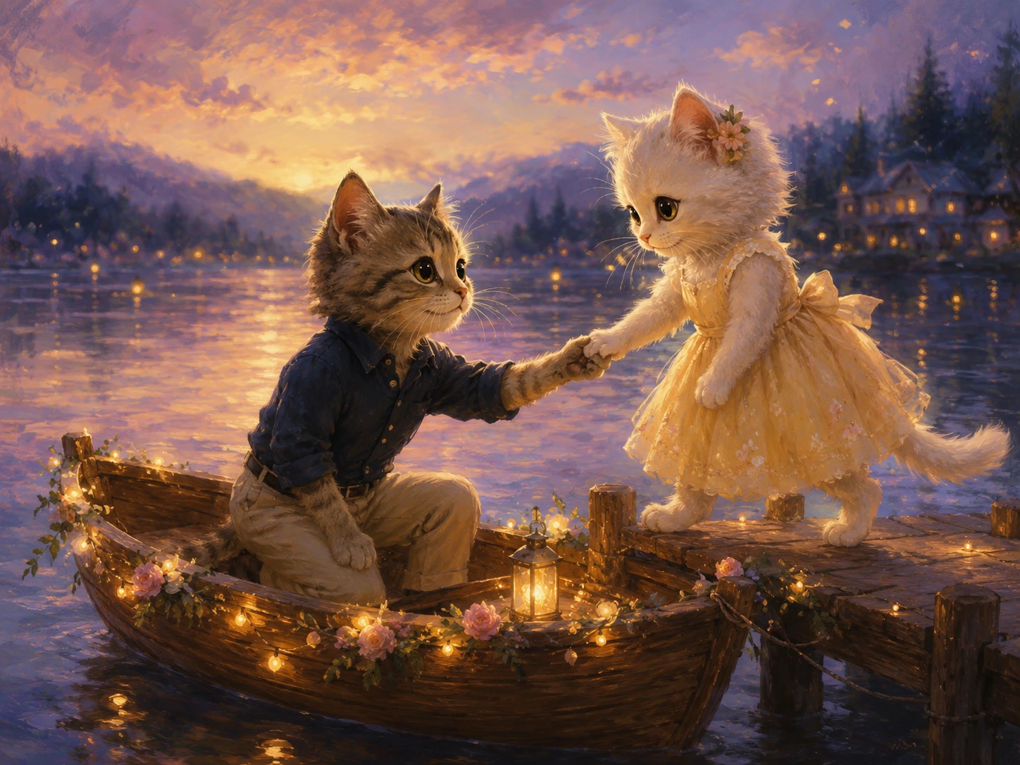 Tiernos gatitos románticos tomados de las patas en un bote al atardecer en el lago