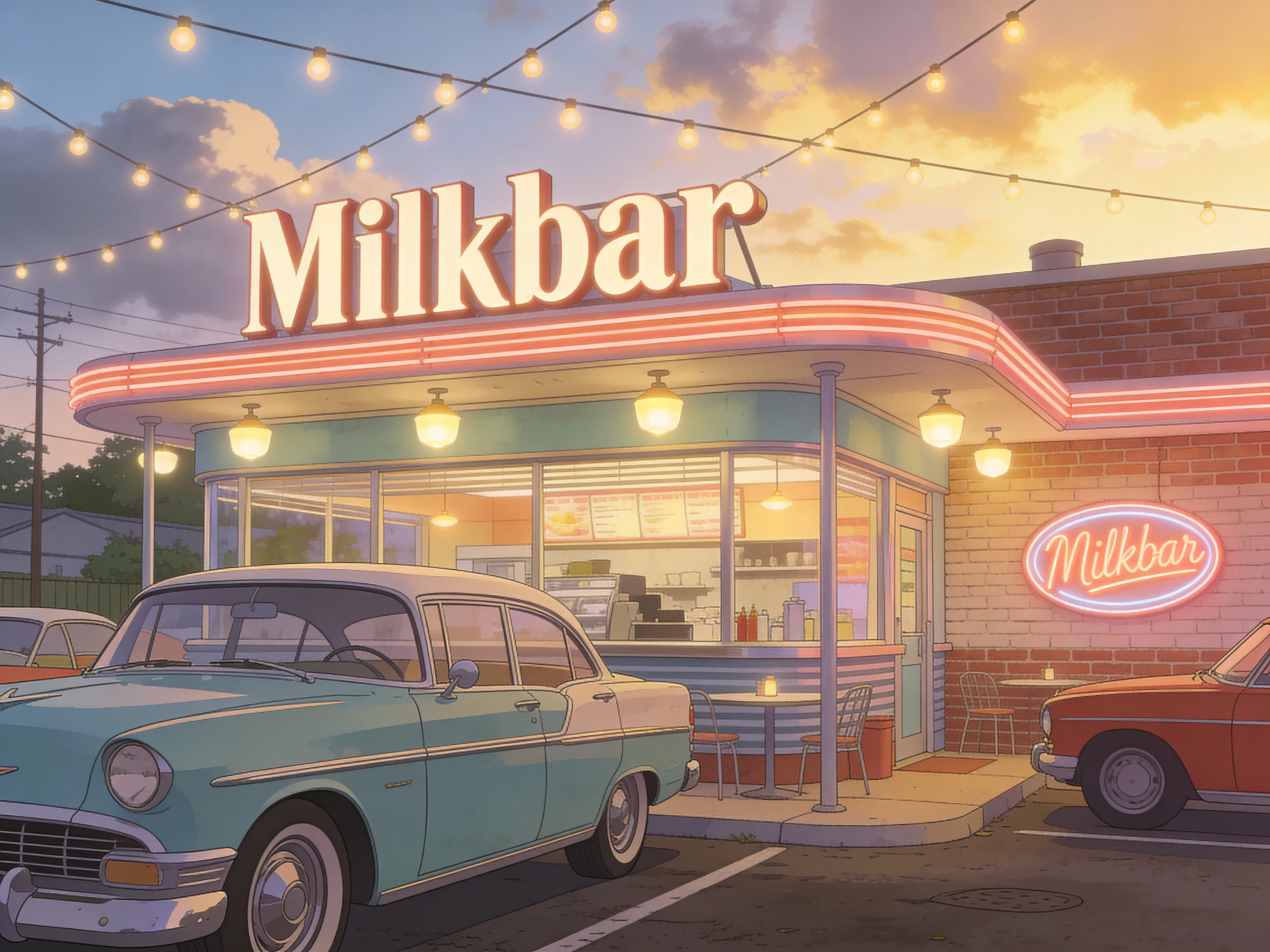 Acogedora escena callejera de milk bar vintage con autos al atardecer
