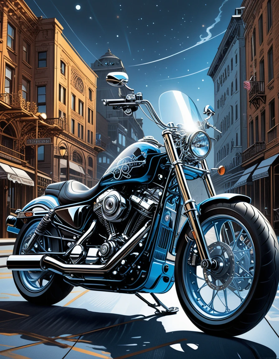 Stylized digital illustration of a detailed motorcycle model