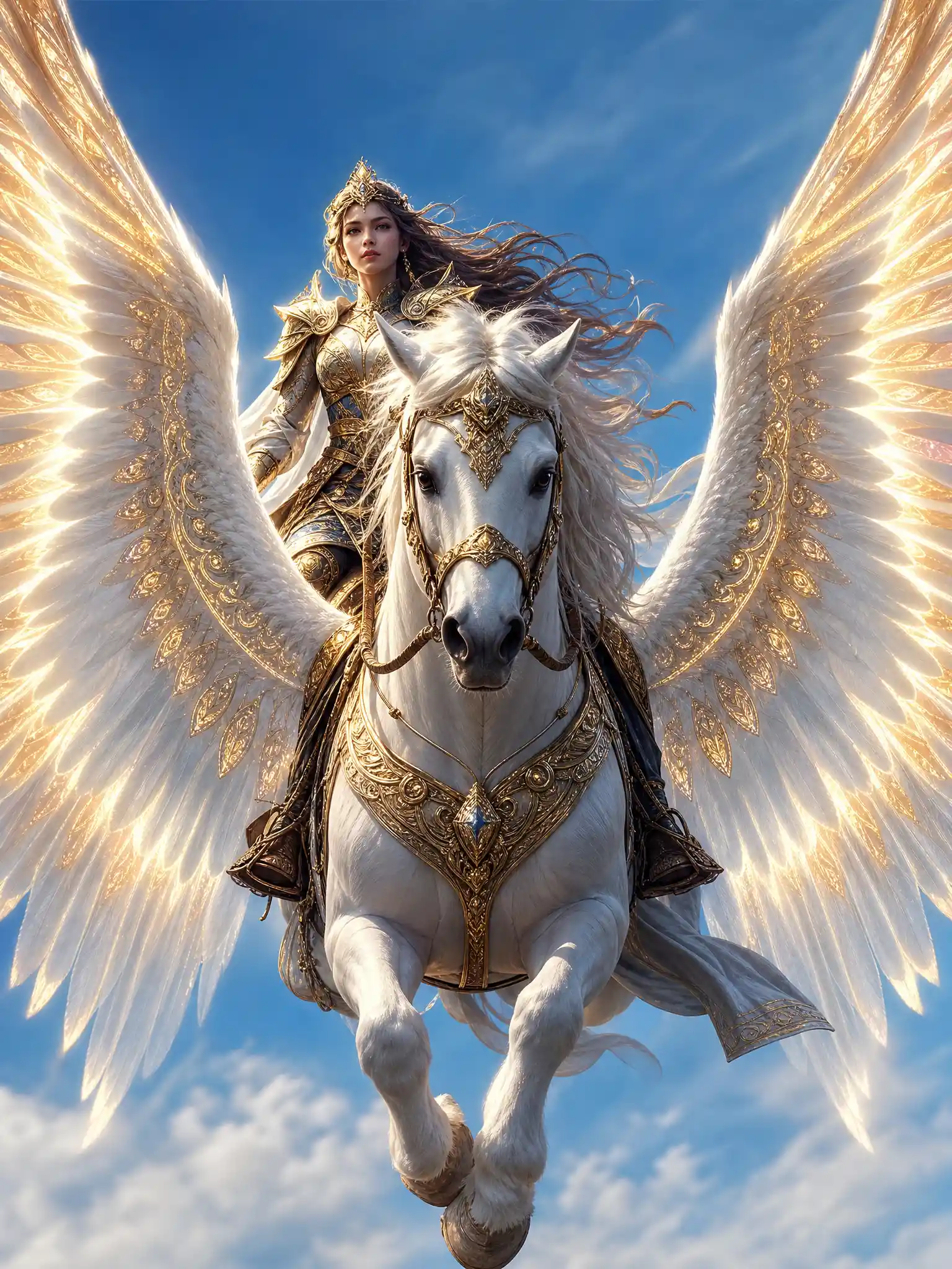 Majestic female warrior riding a radiant pegasus