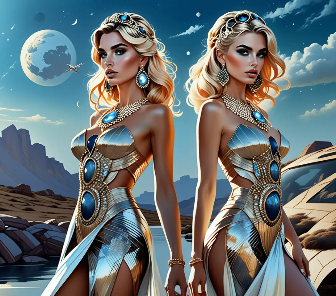 Solar punk woman in elegant futuristic prom gown