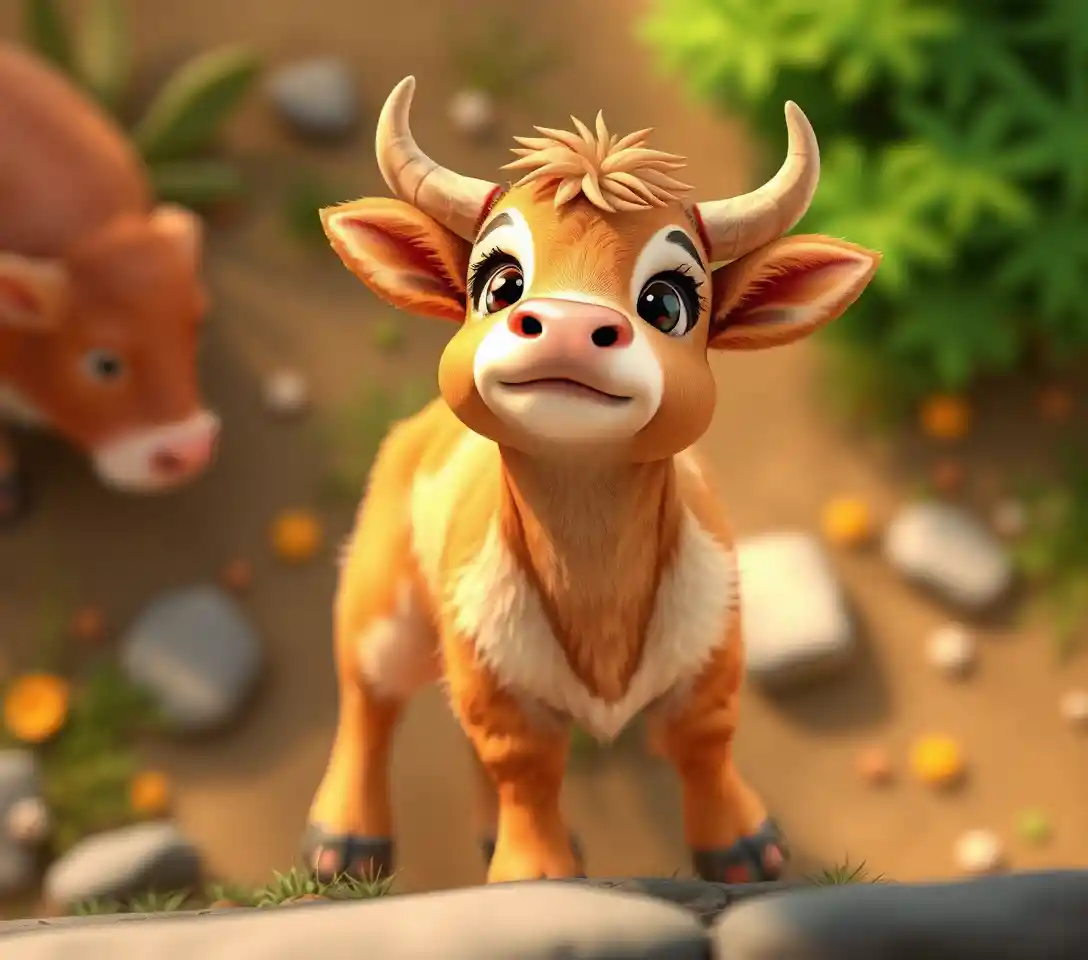 Adorable 3D baby Highland calf looking up from above