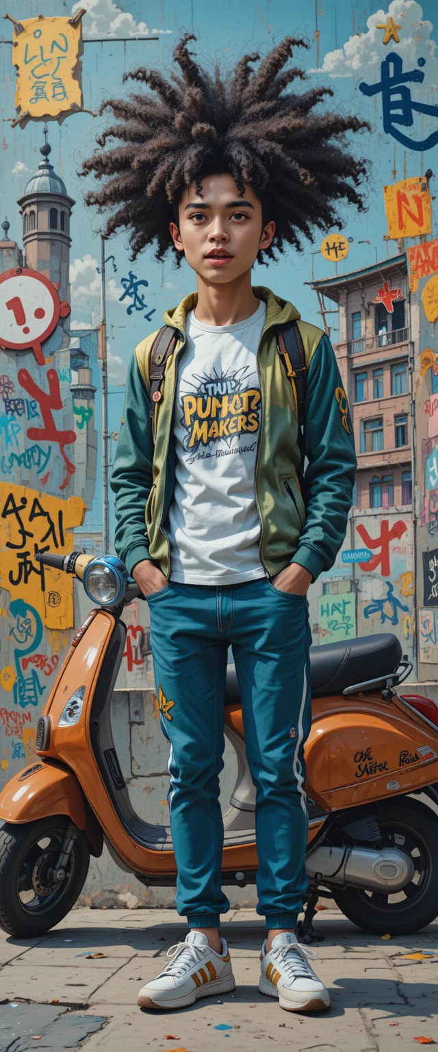 Humorous young man portrait on scooter outside college
