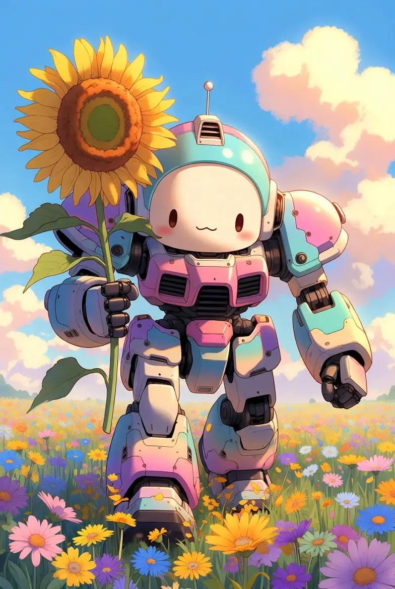 Cute giant mecha strolling through a sunny flower field