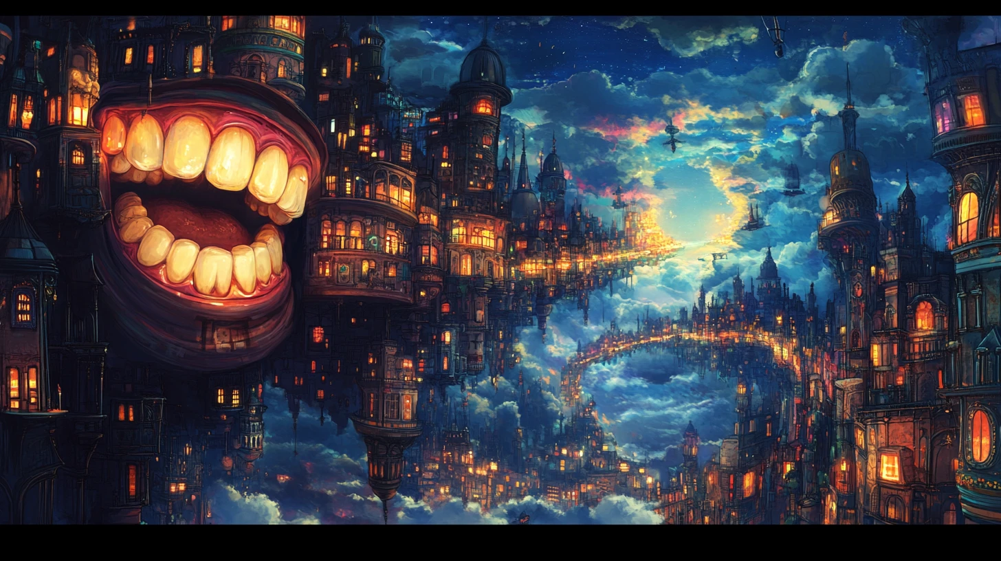 Surreal city of smiling shapes and bending toothlike towers