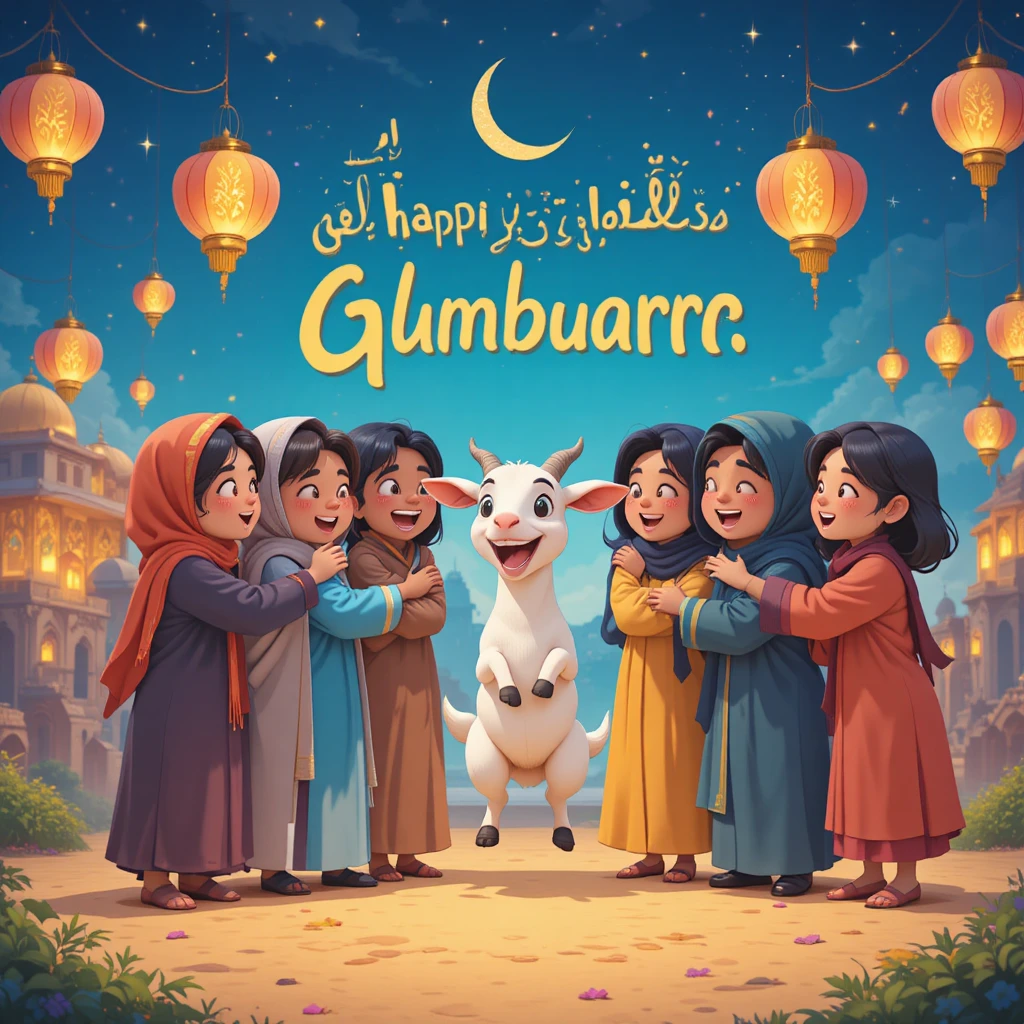 Joyful Bakra Eid celebration with friends and happy goat