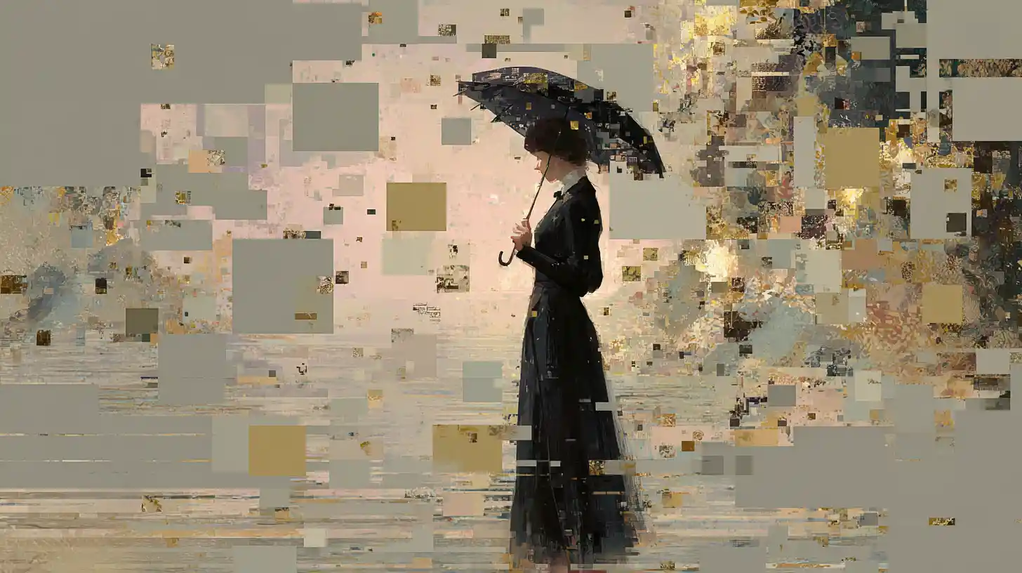 Solitary figure under fractured patchwork umbrella in soft light