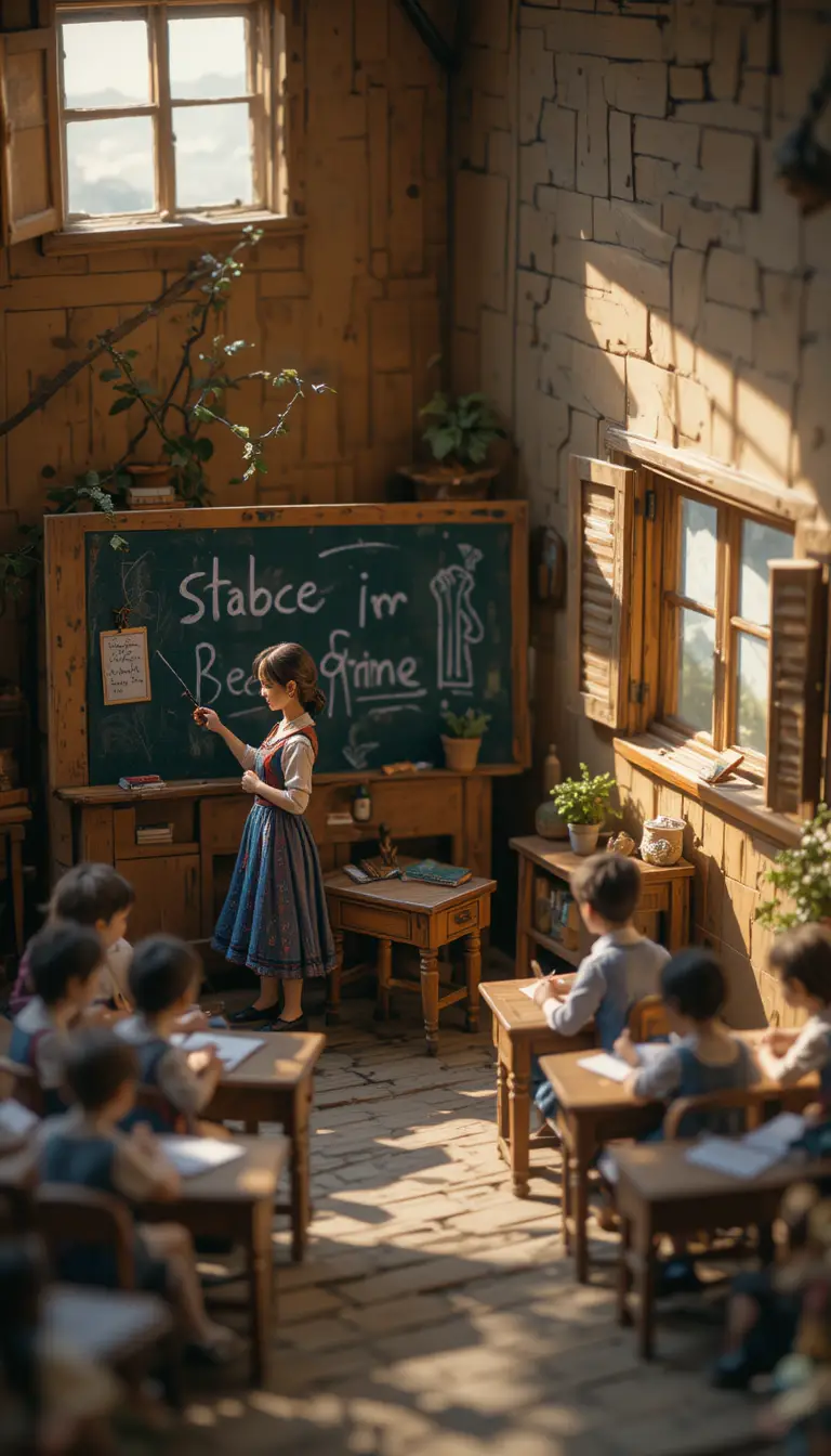 Miniature folk art classroom with tiny teacher at blackboard