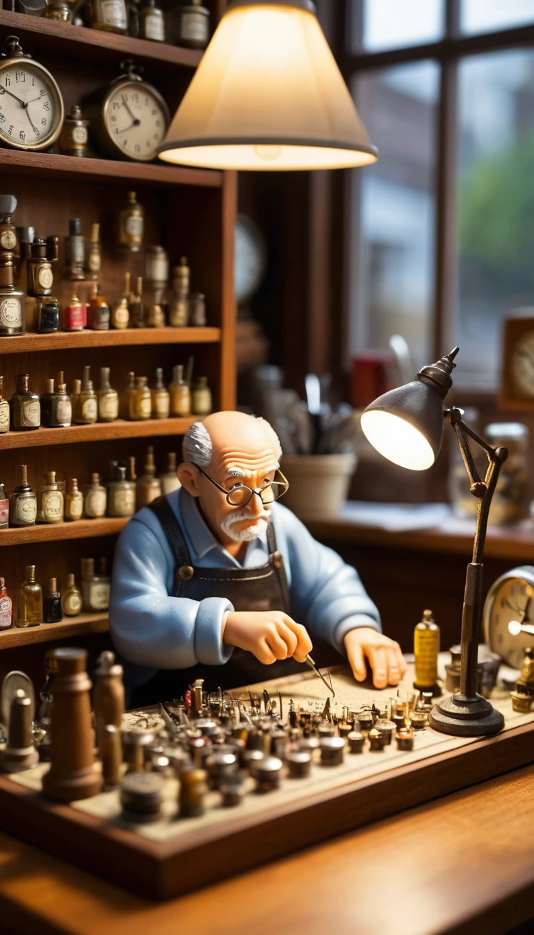 Miniature watchmaker at tiny workbench under desk lamp