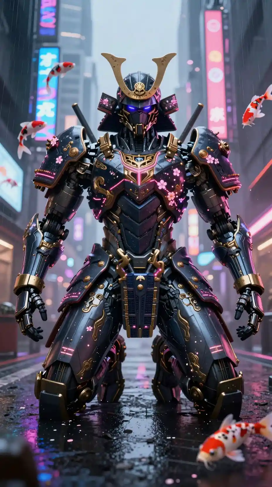 Colossal Samurai Mecha Kneeling In Futuristic Neon City Street