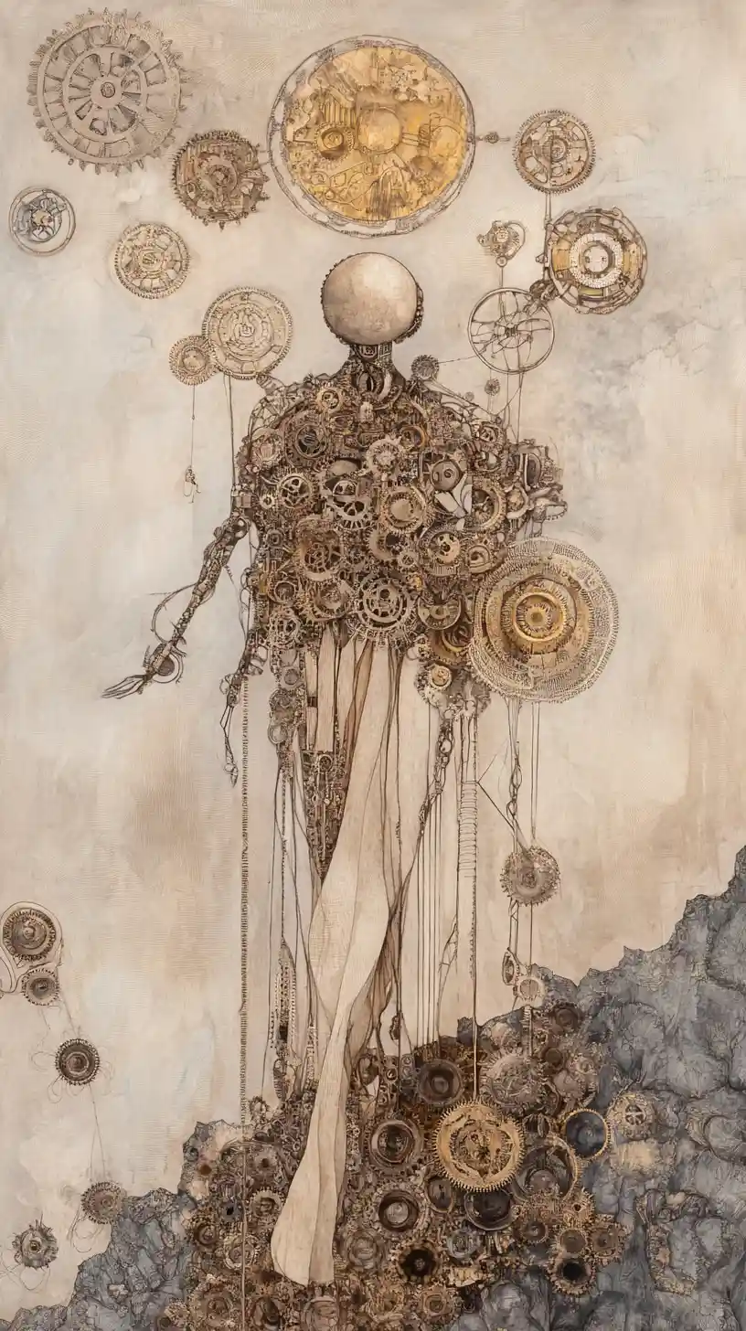 Solitary figure under surreal mechanical textile canopy