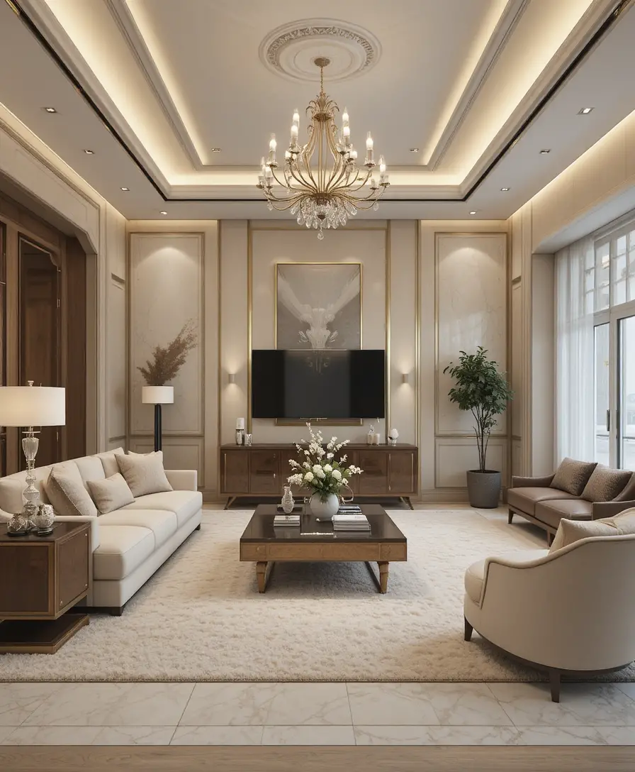 Luxury modern living room in soft neutral beige tones