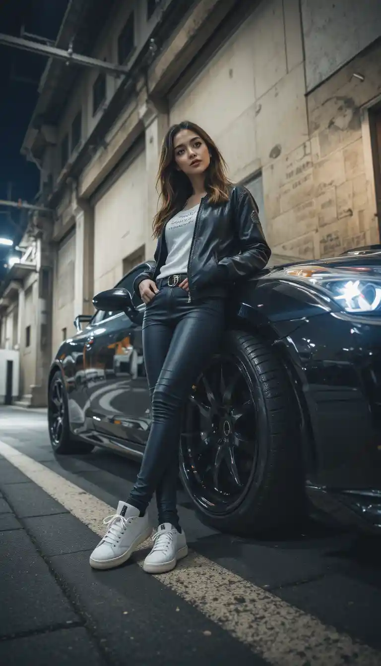Young woman in techwear with sports car at low angle
