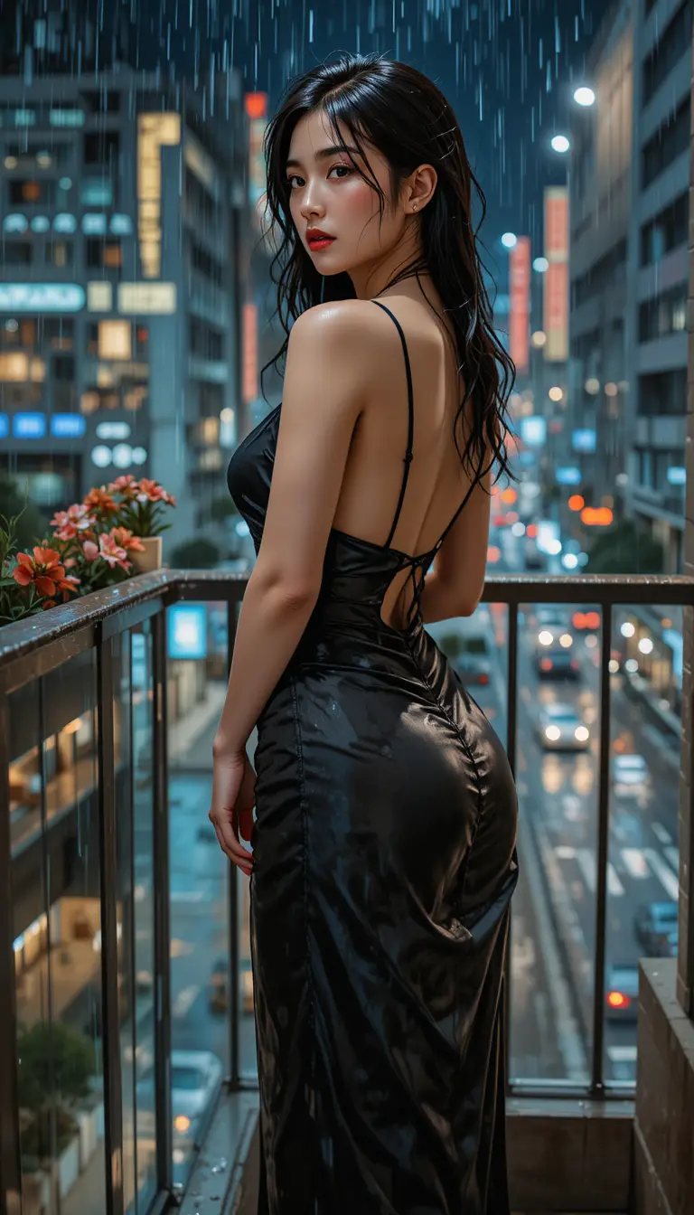 Donna sul balcone di un hotel sotto la pioggia in abito di raso nero