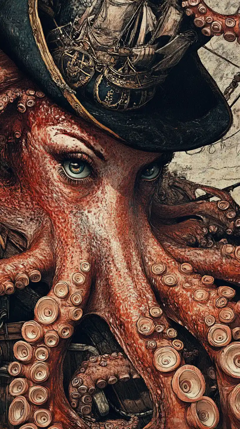 Octopus woman in a hat on a pirate ship deck