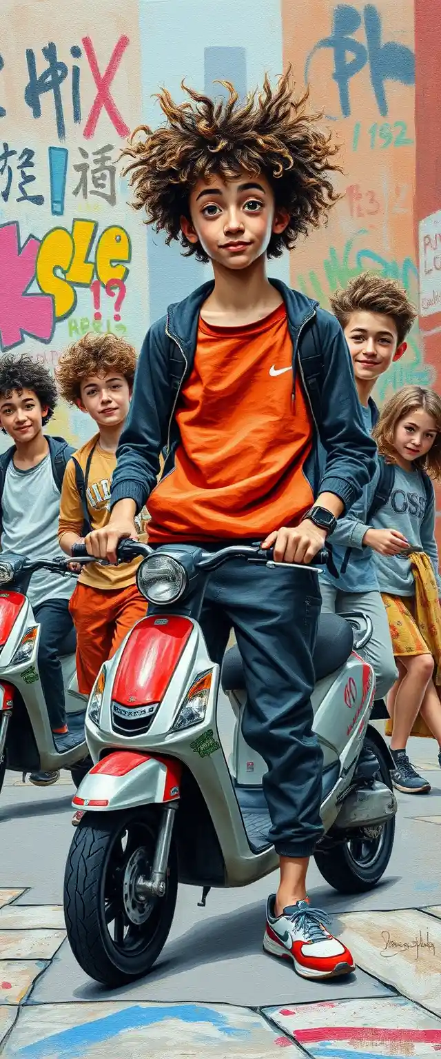 Seven young men with scooters outside a college campus