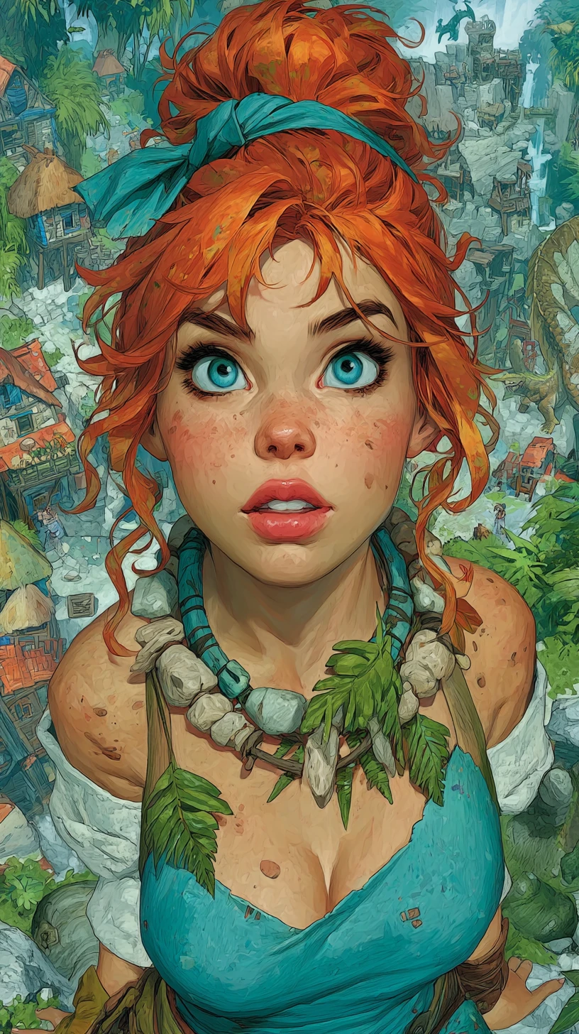 Prehistoric red haired woman in a vibrant fantasy landscape