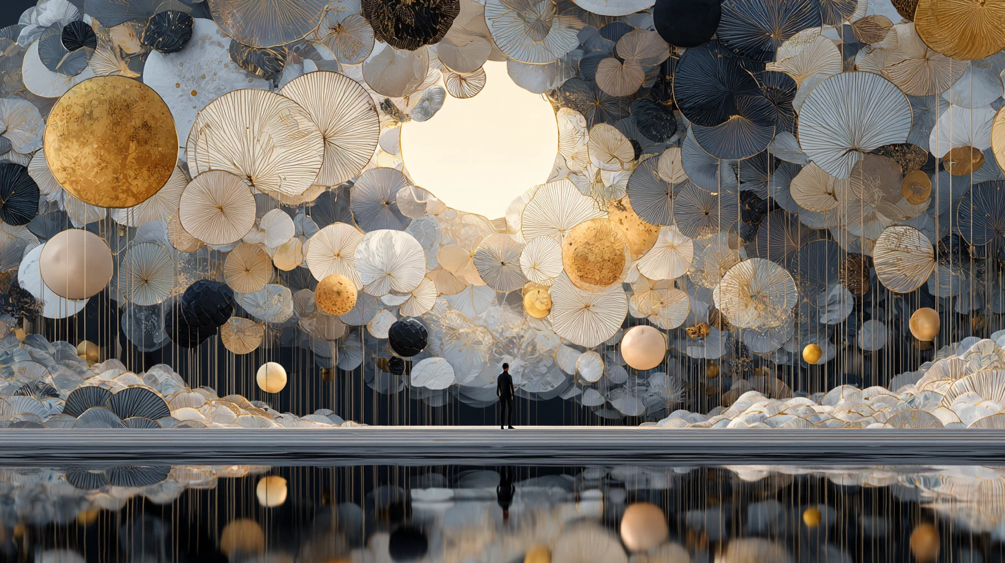 Esfera Surreal de Globos Sobre un Paisaje de Agua Reflectante