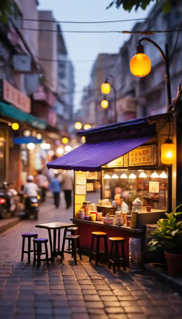 Tilt shift view of tiny Saigon sidewalk tea stall at dusk