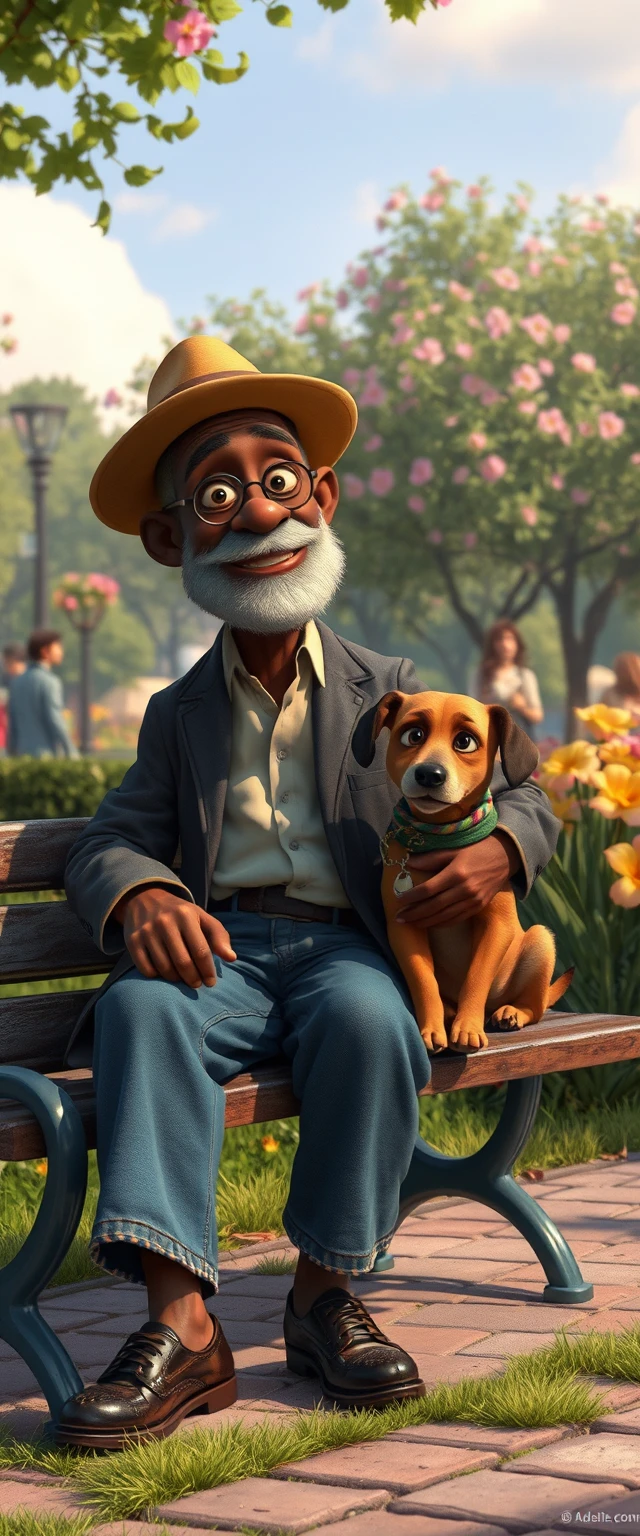African grandfather with dog on a bench in a flowered park