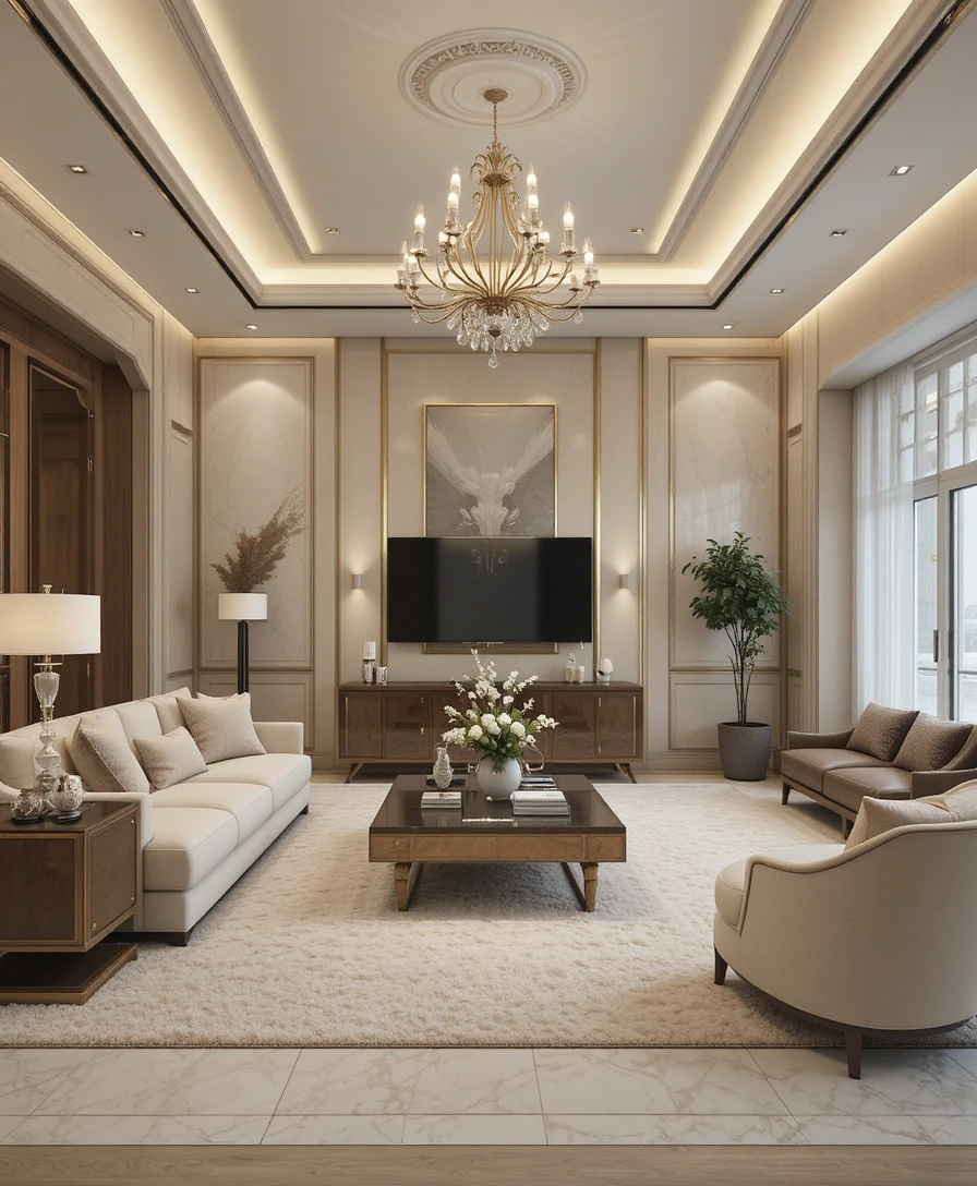 Luxury modern living room in soft neutral beige tones