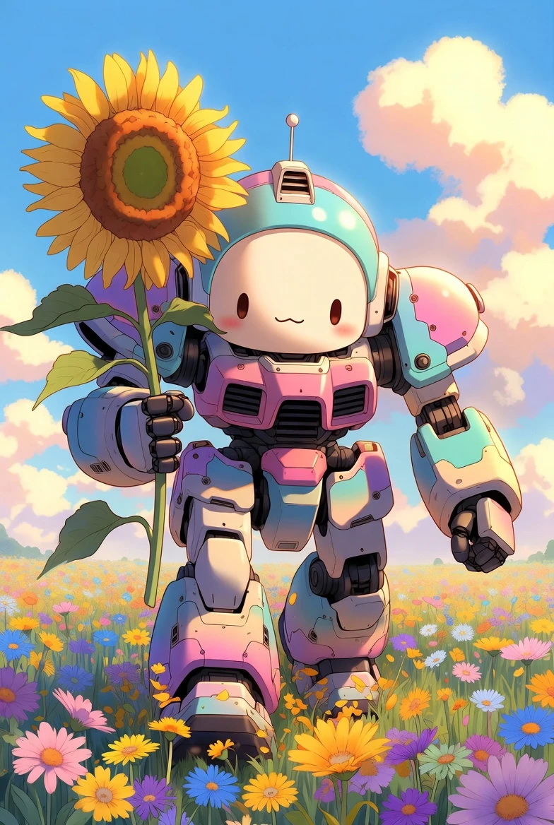 Cute giant mecha strolling through a sunny flower field
