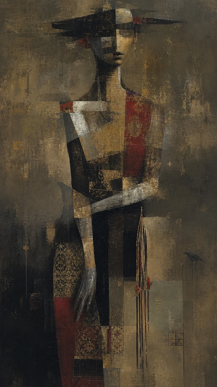 Surreal fragmented figure dissolving into textured abstract shadows
