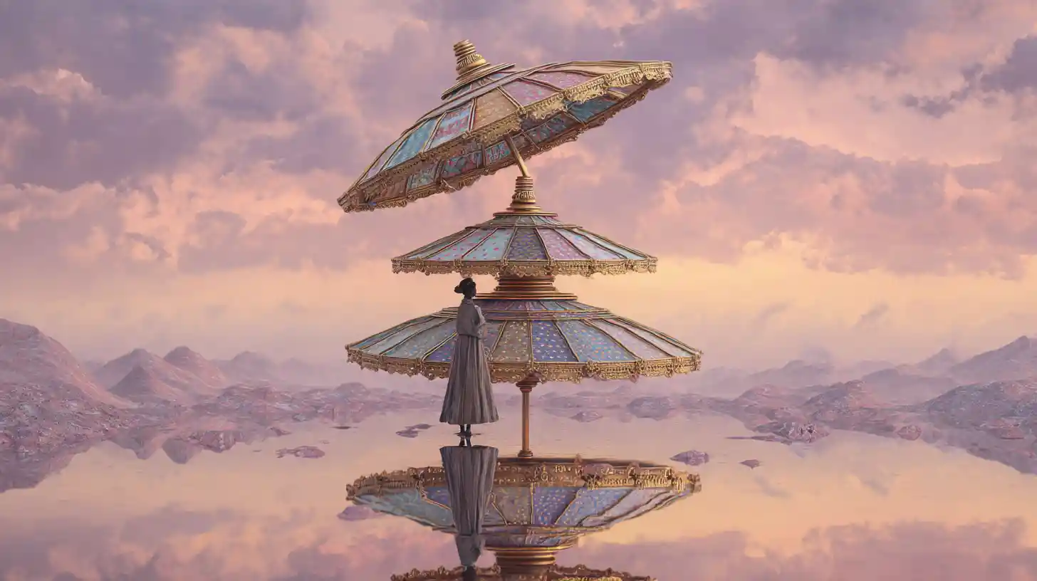 Solitary figure under mirrored patchwork umbrellas in pastel sky
