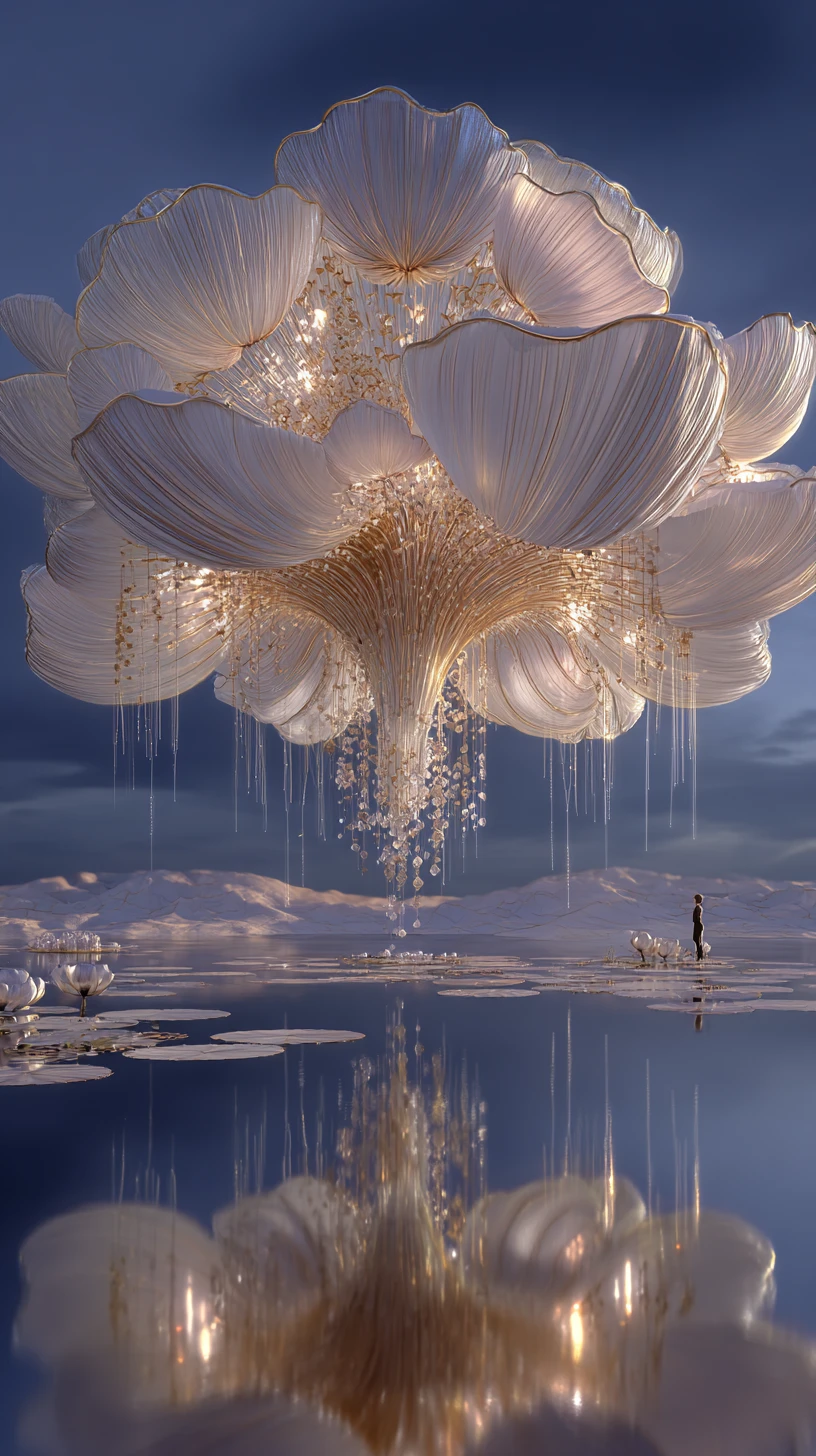 Surreal luminous balloon orb over mirrored tranquil landscape