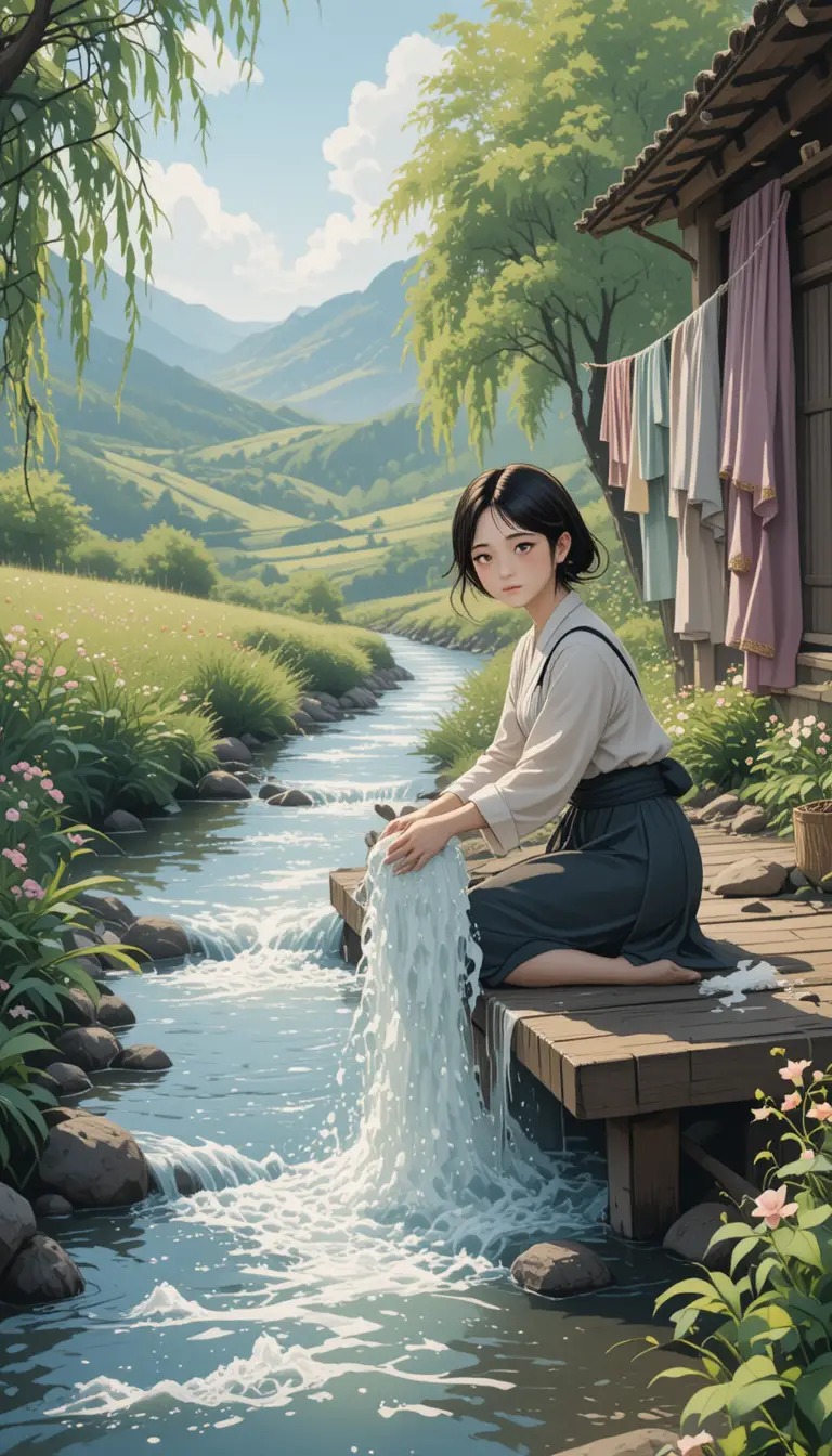 Girl washing blankets by a bright spring riverside