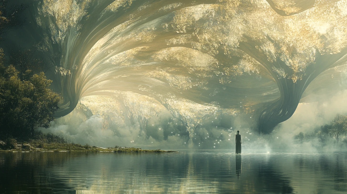 Mystical canopy floating beneath a calm glassy lake