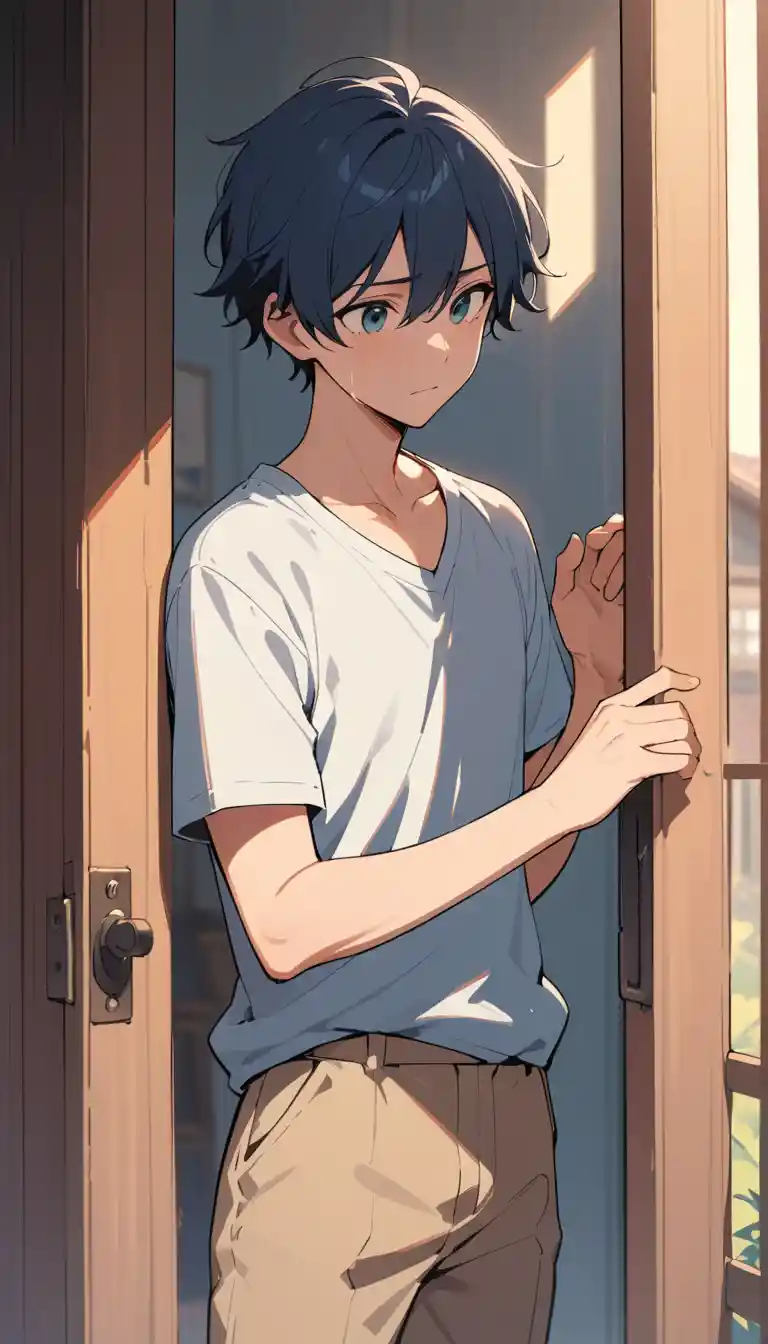 Young man saying goodbye at the gate of his old home