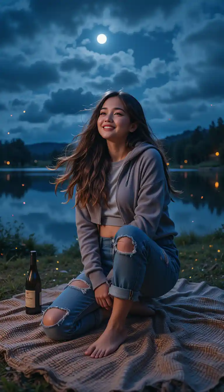 Moonlit college girl on a blanket by a quiet pond