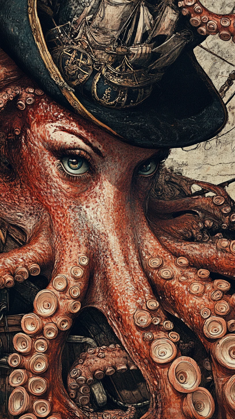 Octopus woman in a hat on a pirate ship deck