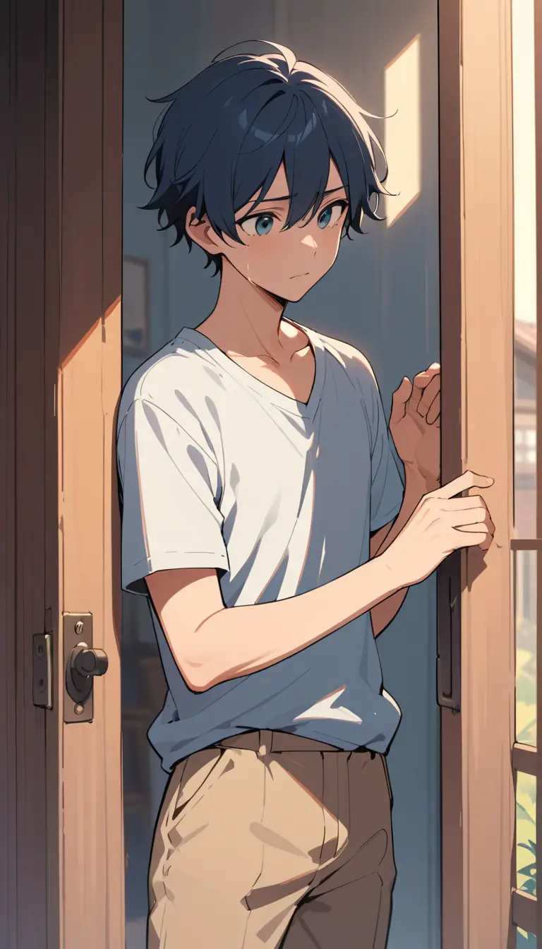 Young man saying goodbye at the gate of his old home