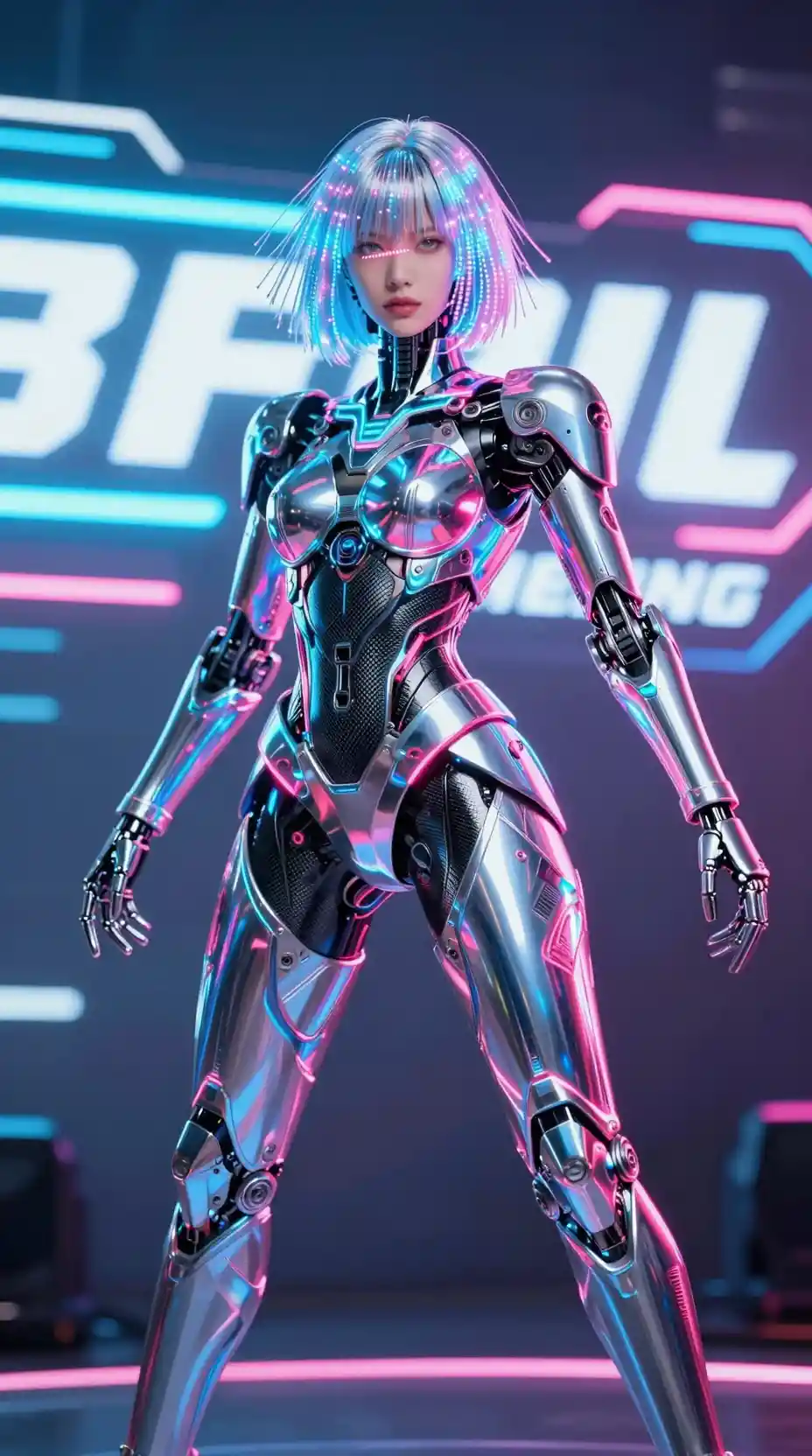 Futuristic mecha idol performing on neon holographic stage